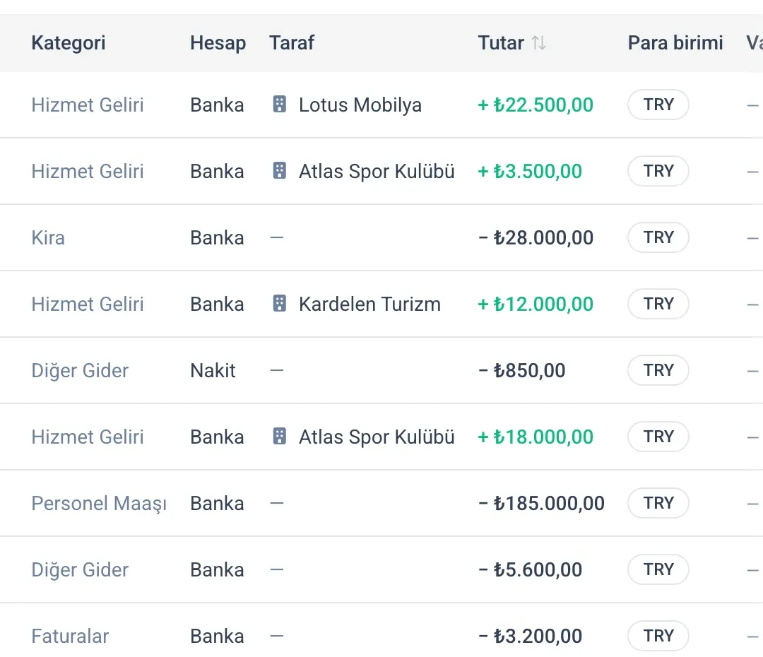 Muhasebe listesi: gelir ve gider kayıtları, tutarlar ve vade durumları